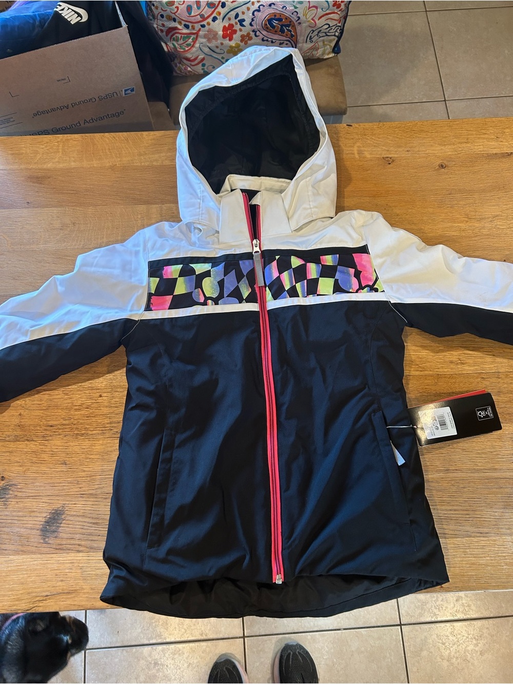 Spyder Black & White Hooded Jacket with Neon Multicolor Chest Graphic